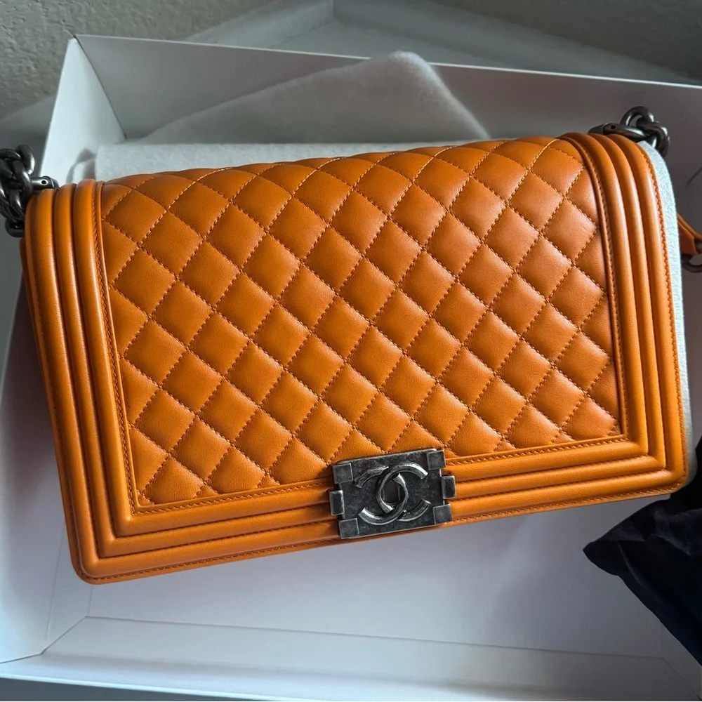 CHANEL Orange Quilted Leather Boy Crossbody Shoulder Boy Bag (Brand New)
